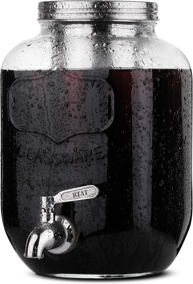 BTaT- 1 Gallon Cold Brew Coffee Maker Thick Glass Pitcher with Stainless Steel Filter Lid &amp Spigot Iced Coffee &amp Sun Tea Brewer Large Mason Jar Cold Brew Container Fast Iced Tea Maker for
