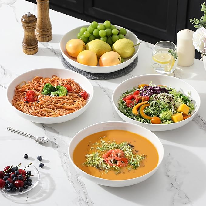 MALACASA 18 Pieces Porcelain Dinnerware Set Bundles 10 Large Pasta Bowls 56 OZ White Set of 4