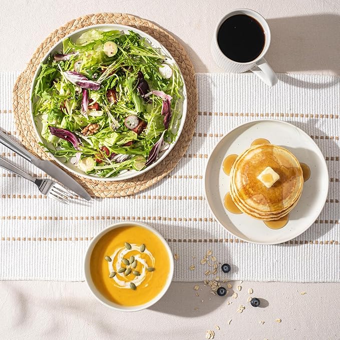 Ceramic Dinnerware Sets for 4-12 Piese Plates and Bowls Set Microwave and Dishwasher Safe Stoneware Ribbed Dishes and 22oz bowls Speckled White