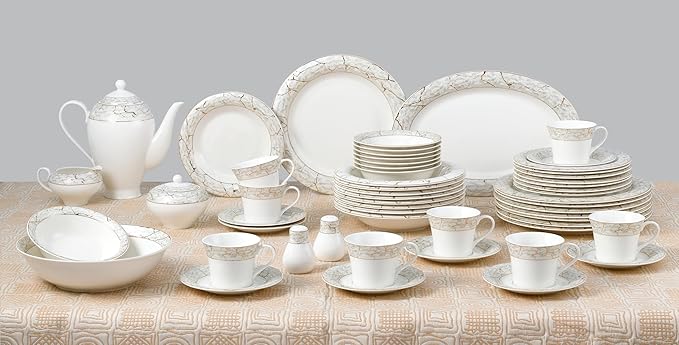 Lorren Home Trends Bone China Dinnerware Set White with Marble Pattern and Gold Trim 57 Piece Service for 8 Formal Dining Collection