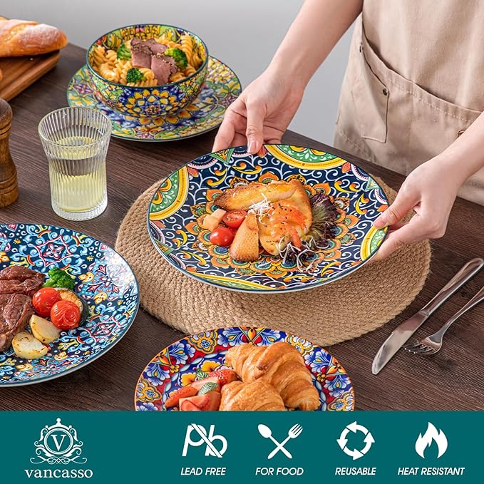 vancasso SIMI 12 Pieces Plates and Bowls Set and 6.5 Large Butter Dish for Countertop Microware and Oven Safe Tableware