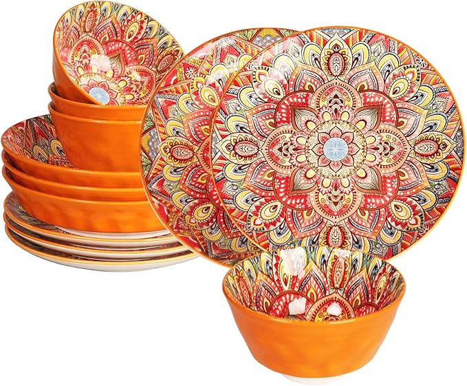 YA JU Mandala Dinnerware Sets (12 Pcs) Serves 4 Buffet Dinnerware Boho Plates and Bowls Dish Set with 8 salad Plate 8 Dessert Plate 4.8 bowl apply Casual dining Indoor Outdoor Dining Party