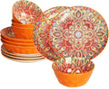 YA JU Mandala Dinnerware Sets (12 Pcs) Serves 4 Buffet Dinnerware Boho Plates and Bowls Dish Set with 8 salad Plate 8 Dessert Plate 4.8 bowl apply Casual dining Indoor Outdoor Dining Party