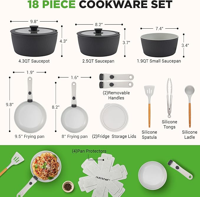NutriChef 18-Piece Ceramic Cookware Set with Detachable Handles Non Stick Pots and Pans PTFE-Free Natural Ceramic Coating Space-Saving Design Oven &amp Stove Safe Includes Utensils