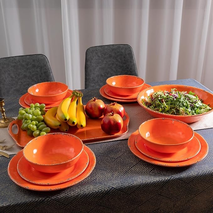 Rustic Melamine Dinnerware Sets Farmhouse Dishes Set for 4 Lightweight 12 Piece Kitchen Plates and Bowls Set for Indoor and Outdoor Use Dishwasher Safe Orange