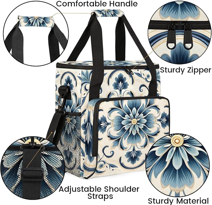 Blue Floral Coffee Maker Travel Bag for Keurig K-Mini/K-Mini Plus Insulated Waterproof Tote with Pockets for Portable Single-Serve Brewer Case