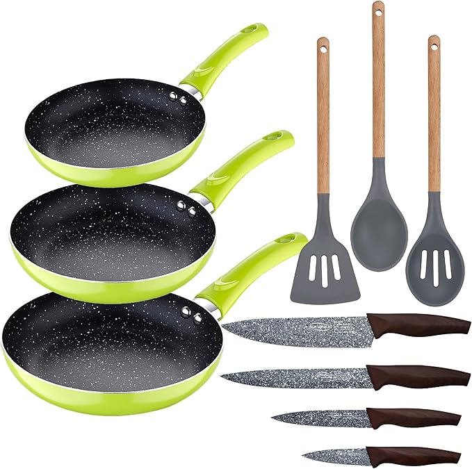 Set 3pc Frying Pan (20+24+28cm) Green Pressed Aluminum with Set 3pc Kitchen Utensils Silicone Wood with Set 4pc Stainless Steel Knives