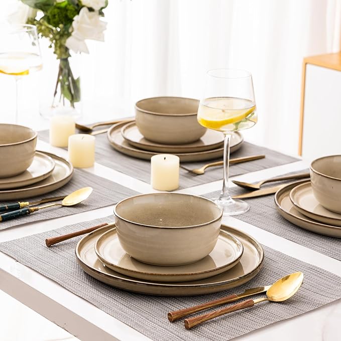 GBHOME Ceramic Dinnerware Sets for 6 18 Pieces Stoneware Plates and Bowls Sets Scratch Resistant Dishes Dishwasher &amp Microwave Safe Reactive Glaze-Cappuccino