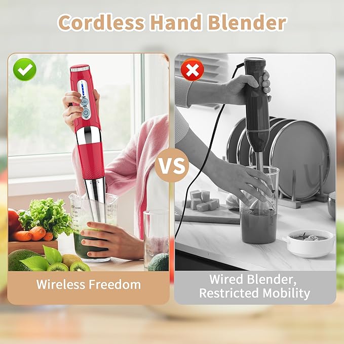Toogel Cordless Immersion Blender Electric Hand Blender with 21-Speed &amp 3-Angle Adjust USB Rechargeable BPA-Free &amp Dishwasher Safe for Baby Food Smoothies Soup (Red)