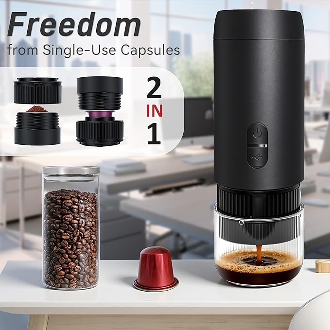 Portable Electric Espresso Machine for Home Wireless Car Coffee Maker with USB-C Battery Powered Coffee Espresso Maker with 1800mAh for Ground Coffee &amp NS Capsule for OfficeGifts for Men RV