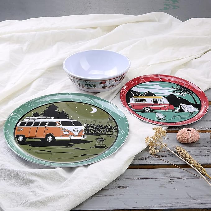 Melamine Dinnerware Sets 12pcs Plates and Bowls Sets Service for 4 Indoor and Outdoor use Dish Set break-resistant (red car)