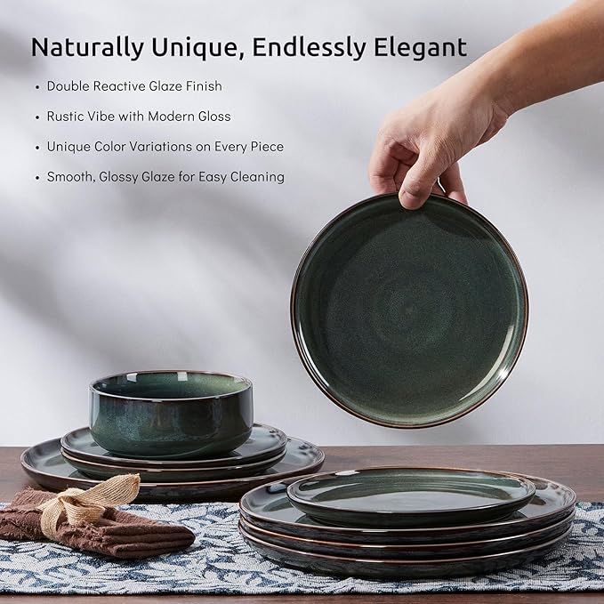 E-far 6-Piece Plates and Bowls Set Stoneware Dinnerware Sets for 2 Ceramic Dishes Reactive Glaze Dinning Ware Microwave &amp Dishwasher Safe - Obsidian Green