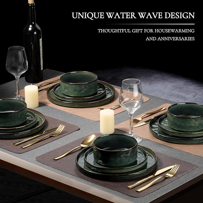 Vesteel Dinnerware Sets 12-Piece Stoneware Plates and Bowls Set Dishes Set for 4 Elegant Ceramic Dinnerware for Home Restaurant - Sage Green