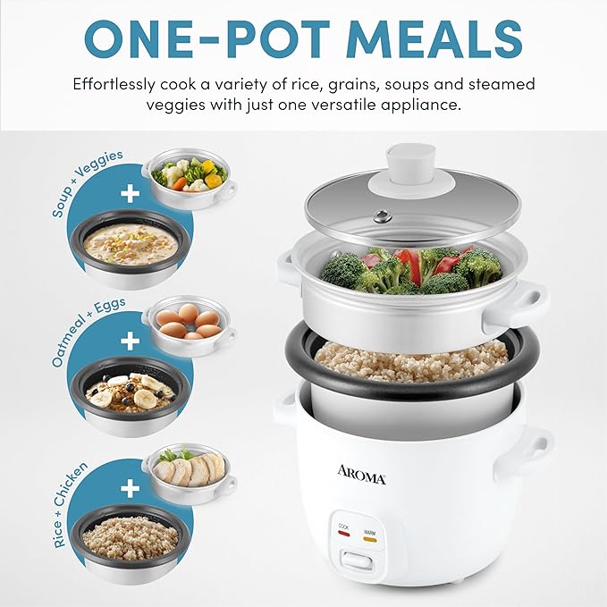 AROMA® Rice Cooker 2-Cup (Uncooked) / 4-Cup (Cooked) Steamer Grain Cooker Soup Maker Oatmeal Cooker Auto Keep Warm 1 Qt White ARC-302-1NG