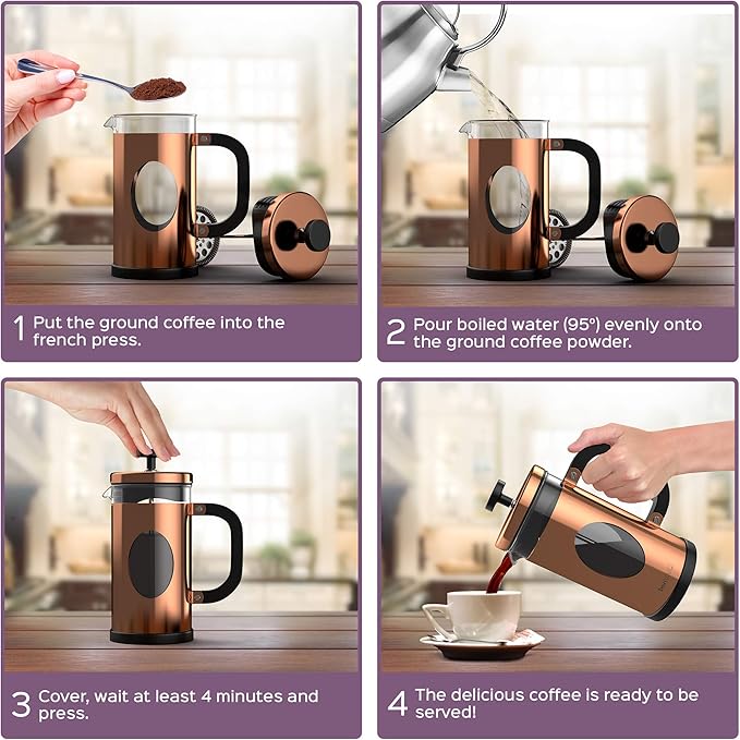 bonVIVO Large French Press Coffee Maker 34 oz – Glass Stainless Steel Coffee Press with Borosilicate Heat Resistant Carafe Reusable Filter Copper Finish Cafetiere for Gourmet Coffee Tea Lovers