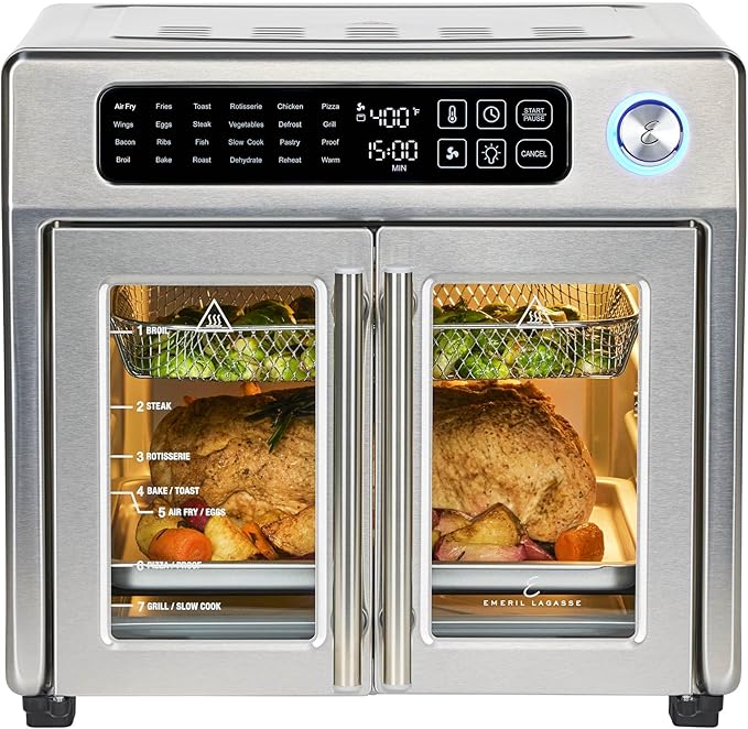 Emeril Lagasse Extra Large French Door Air Fryer Toaster Oven Combo 24 Cooking Functions and Digital Controls 7 Accessories Included Stainless Steel Finish 26QT Capacity