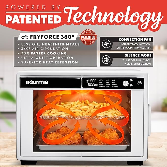 Gourmia French Door Air Fryer Oven - 37 Qt Large Capacity Convection Toaster Oven FryForce 360° Digital Display 12 Cooking Presets Dehydrate Fits 13” Pizza Dishwasher-Safe White