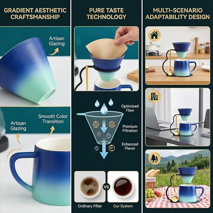 Pour Over Coffee Maker setCeramic Coffee Maker With V60 40 pcs Paper FilterMetal Stand 9oz 270ml mug Pour Over Coffee Dripper blue