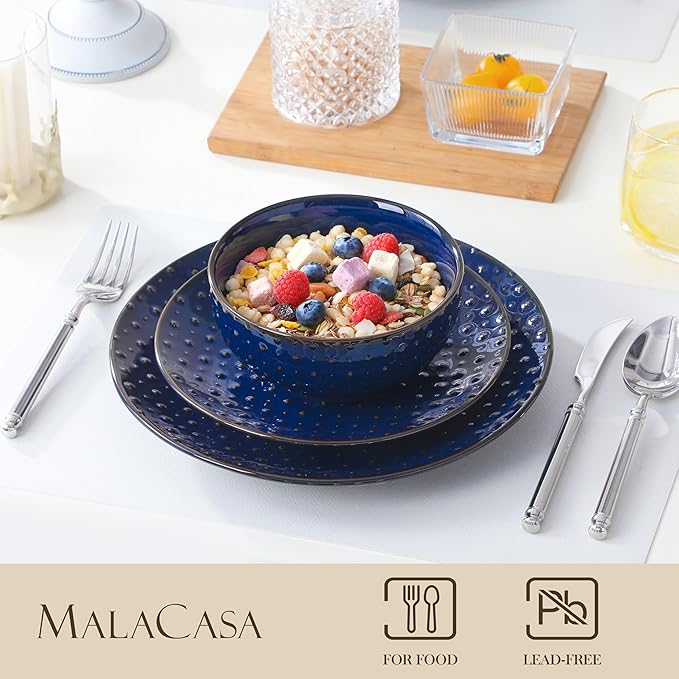 MALACASA 12 Pieces Dinnerware Sets Modern Plates and Bowls Sets Blue Dish Set for 4 Kitchen Ceramic Dinner Plates Dishware Set Microwave and Dishwasher Safe Series LYDIA