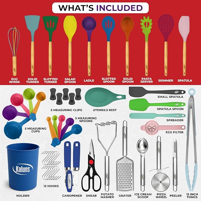 Kaluns 50 PCS Silicone Kitchen Utensils Set Complete Kitchen Set - 800°F Heat Resistant Non-Stick Premium Cooking Utensils W Wooden Handles - Can Opener Masher Turner Silicone Spatula Set