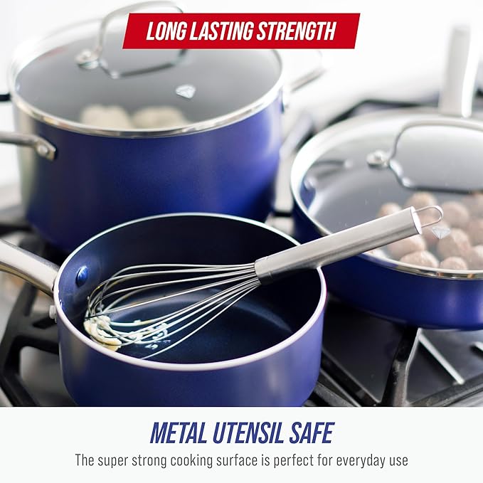 Blue Diamond 20 Piece Nonstick Cookware Set Diamond Ceramic Pots &amp Pans Dishwasher &amp Metal Utensil Safe Non Toxic PFAS-Free Kitchen Cooking Sauce &amp Saute Pans Oven &amp Broiler to 60