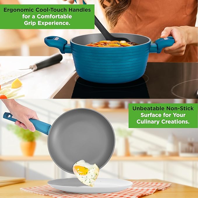 NutriChef 12-Piece Nonstick Kitchen Cookware Set - Easy to Clean Fireproof Lacquer - Saucepot Cooking Pots Fry Pans Utensils Tempered Glass Lids - Light Gray/Green Induction Ready