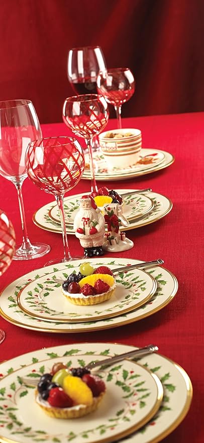 Lenox Holiday 6-Piece Salad Plates Dinnerware Set Service For 6 Porcelain Dishwasher Safe Round Plates Set Ivory Red &amp Green Perfect for Gatherings Hosting Christmas Dinnerware (Ivory 6 Pi