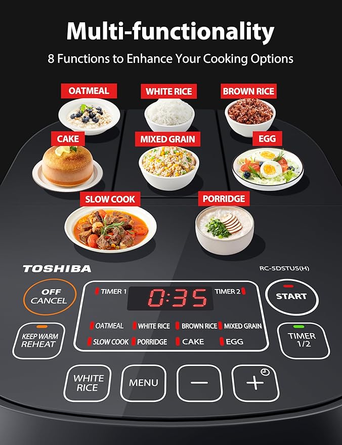 TOSHIBA Rice Cooker Small 3-Cup Uncooked– LCD Display with 8 Cooking Functions: Rice Oatmeal Mixed Grains and More NonStick Inner Pot Grey
