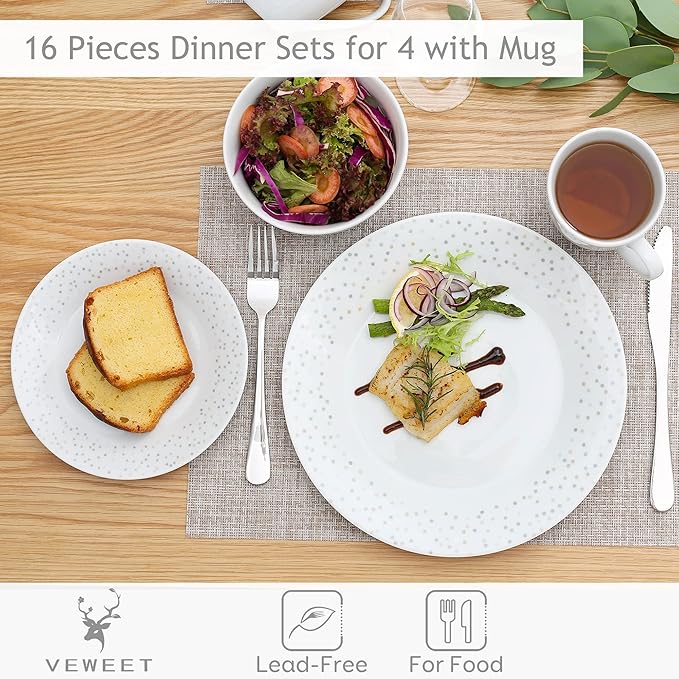 VEWEET Series Orion 16-Piece Dinner Set of Porcelain Combination Set with 10.75 Dinner Plate 7.5 Dessert Plate 5.5 Cereal Bowl and 380ml Mug Service for 4