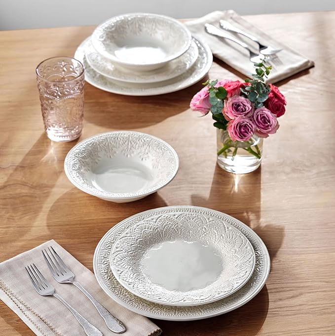 12-Piece Linen Lace Ceramic Dinnerware Set Microwave &amp Dishwasher Safe Rustic Elegance Design 4-Person Set for Daily Family Meals &amp Formal Entertaining