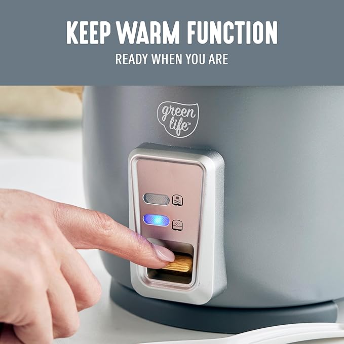 GreenLife Rice Cooker with Removable PFAS-Free Ceramic Nonstick Pot 3-Cups Uncooked/6-Cups Cooked Grains &amp Oatmeal Multicooker Compact One-Switch Design Auto Keep Warm Easy Clean Gray