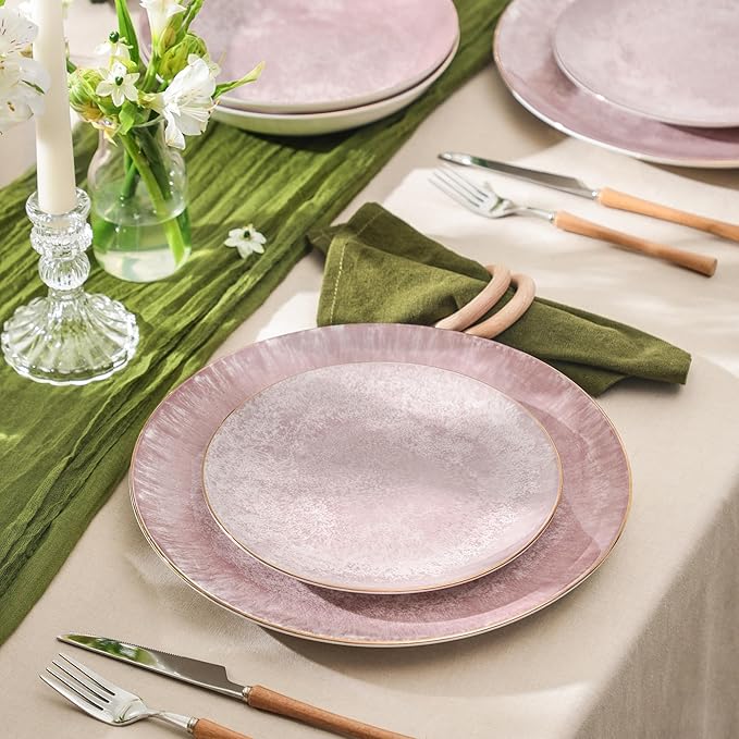 Christian Siriano Onyx 24-Piece Dinnerware Set Porcelain Plates and Bowls Set Hand Wash Dish Dish Set for 8 Pink and Gold