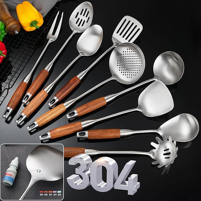 Stainless Steel Kitchen Utensils 12.5-14 Wooden Handle Metal Cooking Utensils Set 9 PCS Solid and Slotted Spoon Fork Spatula Ladle Skimmer Slotted Tunner Spaghetti Large Spoon