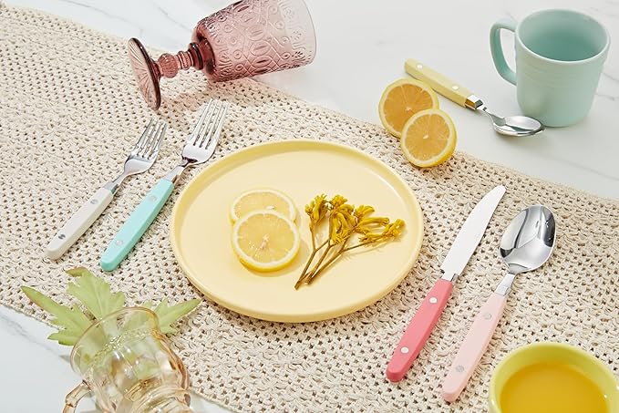 ANNOVA Silverware Set Retro/Rivet Colorful Stainless Steel Tableware Kitchen Flatware Set Utensils Includes Dinner Knives Forks Spoons Salad Forks &amp Dessert Spoons (Pastel Mix 20 Pieces)