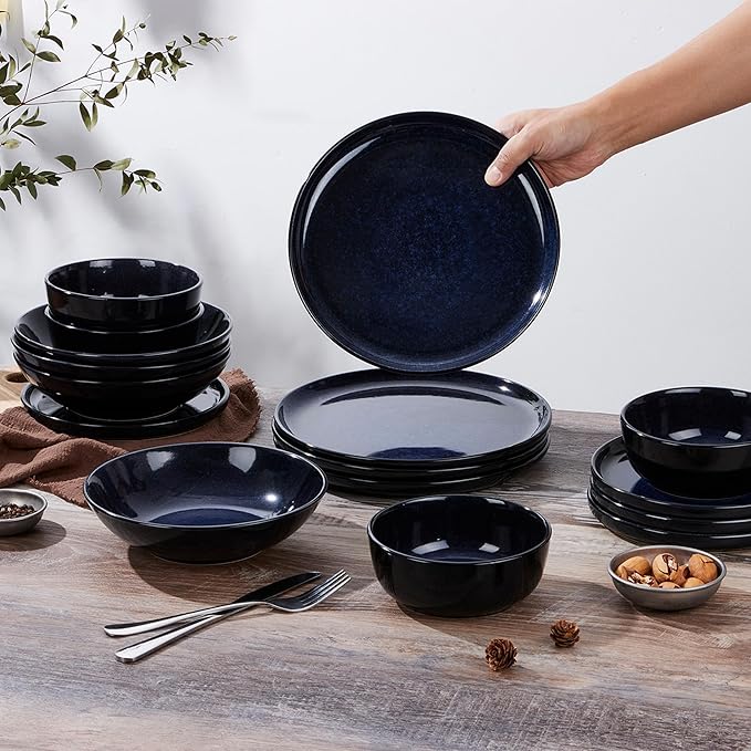 LIANYU Stoneware Dinnerware Sets with Pasta Bowls 16 Piece Plates and Bowls Dishes Set for 4 Dishwasher Safe Dining Ware Dishware for Home Kitchen Microwave Safe Midnight Blue
