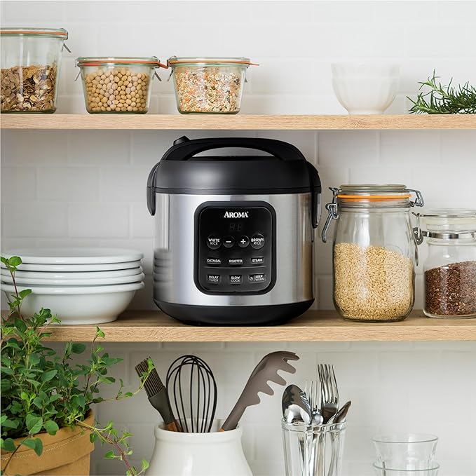 AROMA Digital Rice Cooker 4-Cup (Uncooked) / 8-Cup (Cooked) Steamer Multicooker Slow Cooker Oatmeal Cooker Auto Keep Warm 2 Qt Stainless Steel Exterior