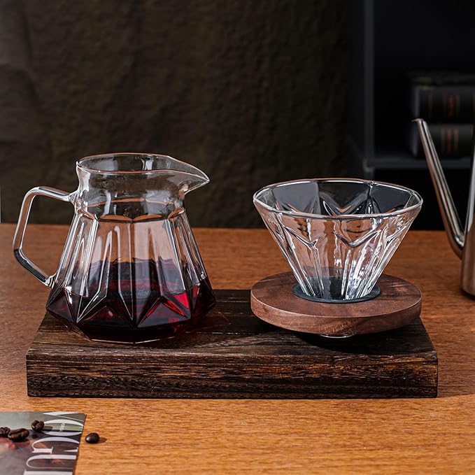 Pour Over Coffee Maker Set 21 oz/620ml Glass Pour Over Coffee Dripper Filter Coffee Maker Kit Manual Grinder with Walnut Handle for Home Office Cafe Restaurant Camping (Clear)