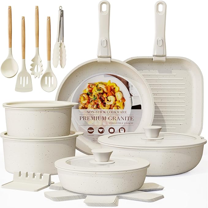 Astercook 23 Pcs Pots and Pans Non Stick Ceramic Cookware Set Detachable Handle RV Stackable Kitchen Cooking Set Removable Handles Oven Safe Induction Ready Cream White
