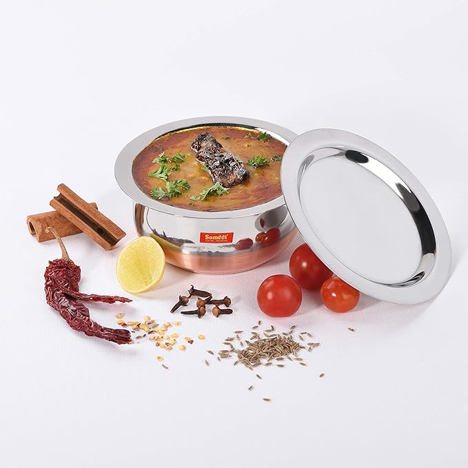 Sumeet Stainless Steel Copper Bottom Belly Shape 3 Pc Tope/Cookware/Pot Set with Lid 380ML 500ML 780ML (Silver)