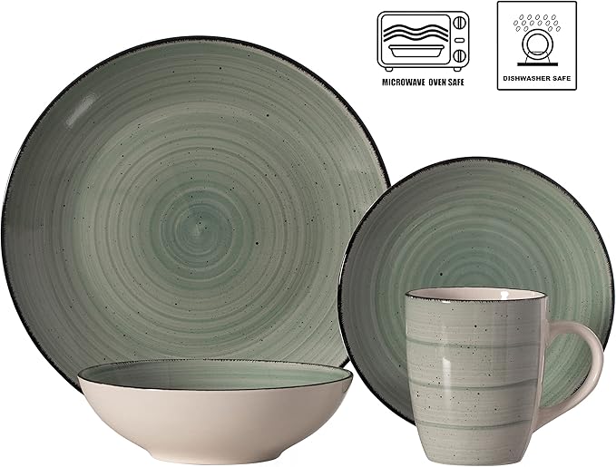 48 PC Spin Wash Dinnerware Dish Set for 12 Person | Mugs Salad and Dinner Plates and Bowls Sets Dishes with Highly Chip and Crack Resistant Dishwasher and Microwave Safe Green