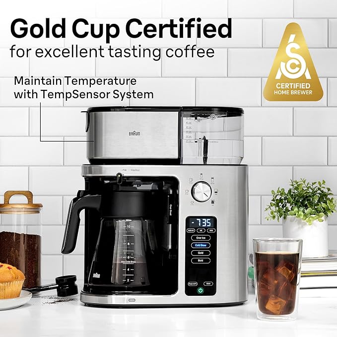 Braun MultiServe Plus 10-Cup Drip Coffee Maker - Hot &amp Cold Multi-Serve Brewer with Programmable Timer and Auto Start Over Ice Function Stainless Steel &amp Pod-Free Design KF9270SI