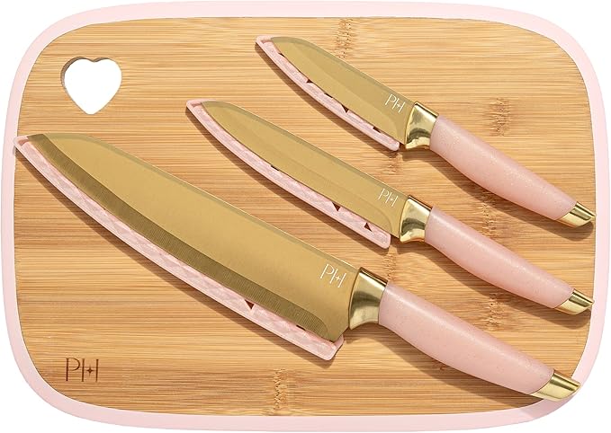 Paris Hilton Reversible Bamboo Cutting Board and Cutlery Set with Matching High Carbon Stainless Steel Knives Blade Guards Sleek Yet Comfortable Handle Grips 7-Piece Set Gold Pink