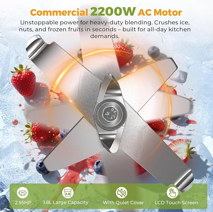 2200W Professional Quiet Blender with LCD Display 1.8L Ice Crushing Jug Commercial-Grade Motor 6-Speed Touch Control &amp Overload Protection for Smoothies Ice Frozen Drinks Silver