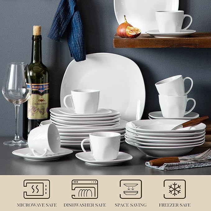 MALACASA 30 Piece Porcelain Dinnerware Set Grey White Dish Set for 6 Square Ceramic Dishware Sets Chip and Scratch Resistant Plates and Bowls Sets Cups and Saucers Series ELISA