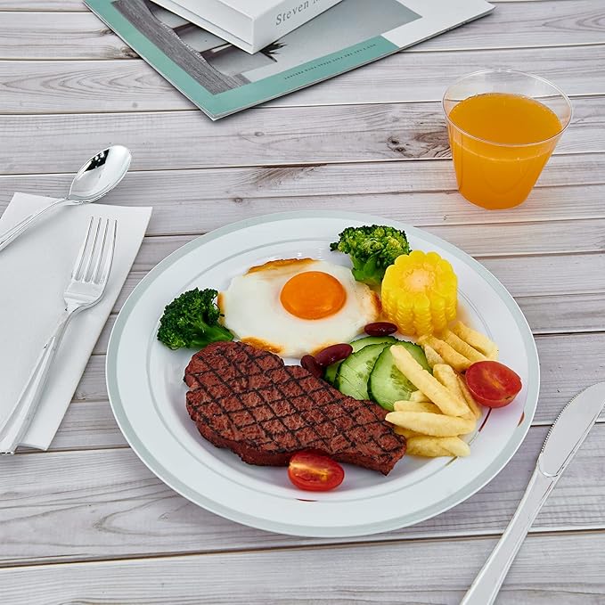Vplus 100 Piece 10 Inch Silver Plastic Plates Disposable Heavy Duty White Elegant Durable Dinner Plastic Party Plates with Silver Rim Perfect for Party Christmas