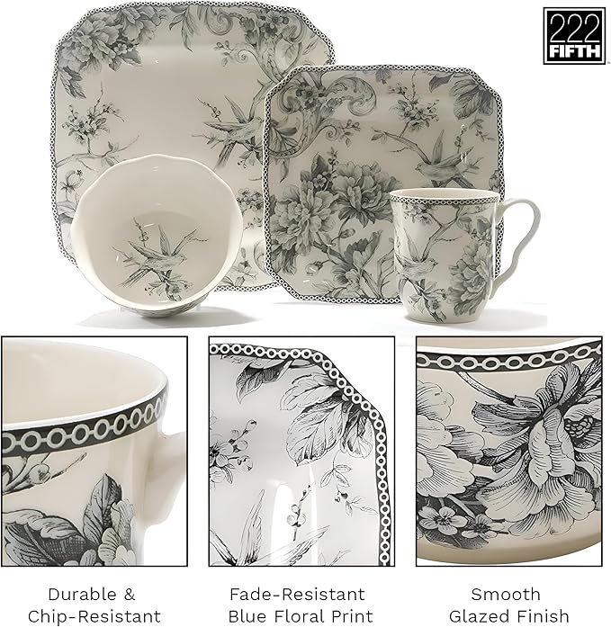 222 Fifth Adelaide 16-Piece Square Floral Dinnerware Set – Service for 4 Grey &amp White Porcelain Plates &amp Bowls for Everyday Dining &amp Entertainment Microwave &amp Dishwasher Safe Chip