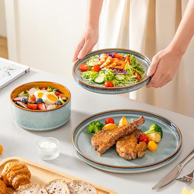 vancasso ONION Ceramic Plates and Bowls Sets 24 Pieces Light Blue Dinnerware Sets for Kitchen Reactive Glaze Dishes Set for 8 Dishwasher and Microwave Safe
