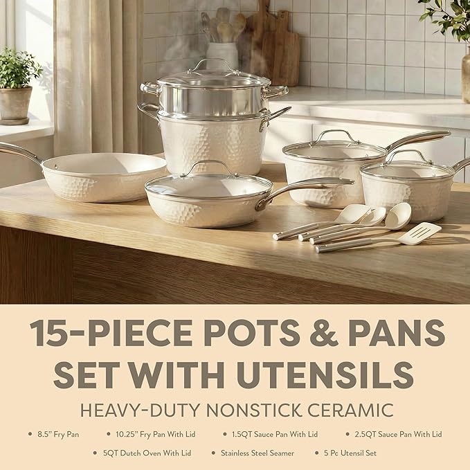 Gotham Steel Hammered 15 Pc Ceramic Cookware Set Nonstick Pots and Pans Set Non Stick with Induction Cookware Cooking Utensils &amp Steamer Non Toxic PFOA PFOS Free Oven &amp Dishwasher Safe