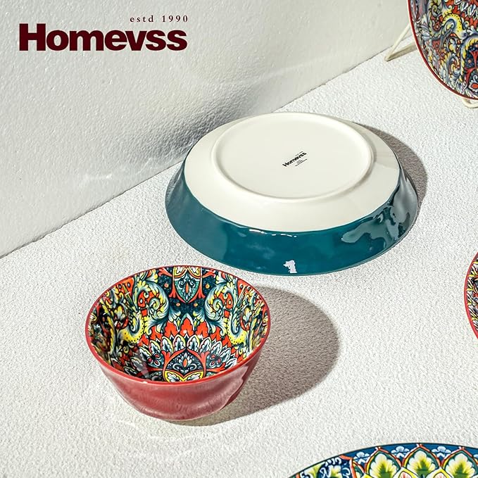 Homevss Boho 10 Pieces Dinnerware Sets Plates and Bowls Set Porcelain Dishes Set for 2 Microwave and Dishwasher Safe Scratch Resistant Bohemian Style Dining Ware Mixed Colors of Green &amp Red