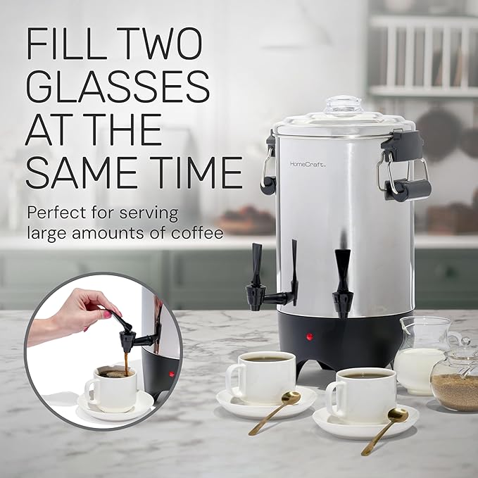 HomeCraft 45-Cup Coffee Urn and Hot Beverage Dispenser with Double Dripless Faucet Quick-Brewing Stainless Steel